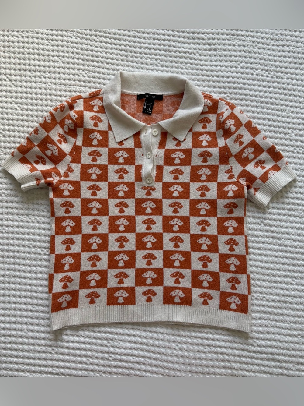 Forever 21 Mushroom Checker Print Collared Knit Polo Sweater Burnt Orange M